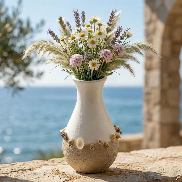 Dekovase Trockenblumen Vase Muscheln Weiß Beige Ø 14X24 Cm, Tischvase Blumenvase-image