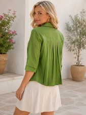 Chico  s Green Linen Jacket Pleated Back Metallic 3/4 Sleeve Size 0 Small