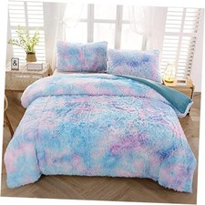 Tie Dye Plush Shaggy Duvet Cover Set Full Size Rainbow Faux Full 3PCS Blue