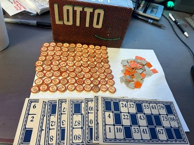 Vintage Lotto Wood Bingo Like Game Complete Craft Hobby - 12 Cards - 90 Numbers