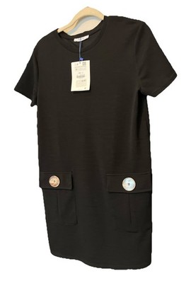 Zara Basic Black Shift Dress MEDIUM 2 Button Close Pockets Short Sleeve Knit NEW