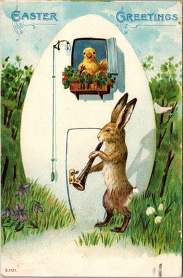 Easter Greetings, Rabbit Serenades Chick in Giant Egg c1908 Postcard A105