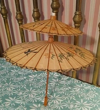 Double Parasol / Double Umbrella w/ Colorful Birds & Flowers, Rice Paper, Bamboo