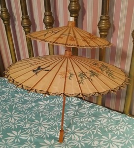 Double Parasol / Double Umbrella w/ Colorful Birds & Flowers, Rice Paper, Bamboo