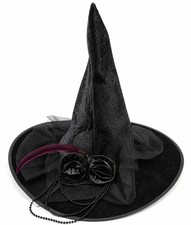 Elegant Halloween Women Witch Hat Wide Brim Purple Feathers Black Roses Cosplay