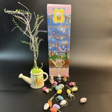 Vtg Easter Tree 18 Wooden Ornaments 18" Eggs Bunny Chick Spring Farmhouse Pink