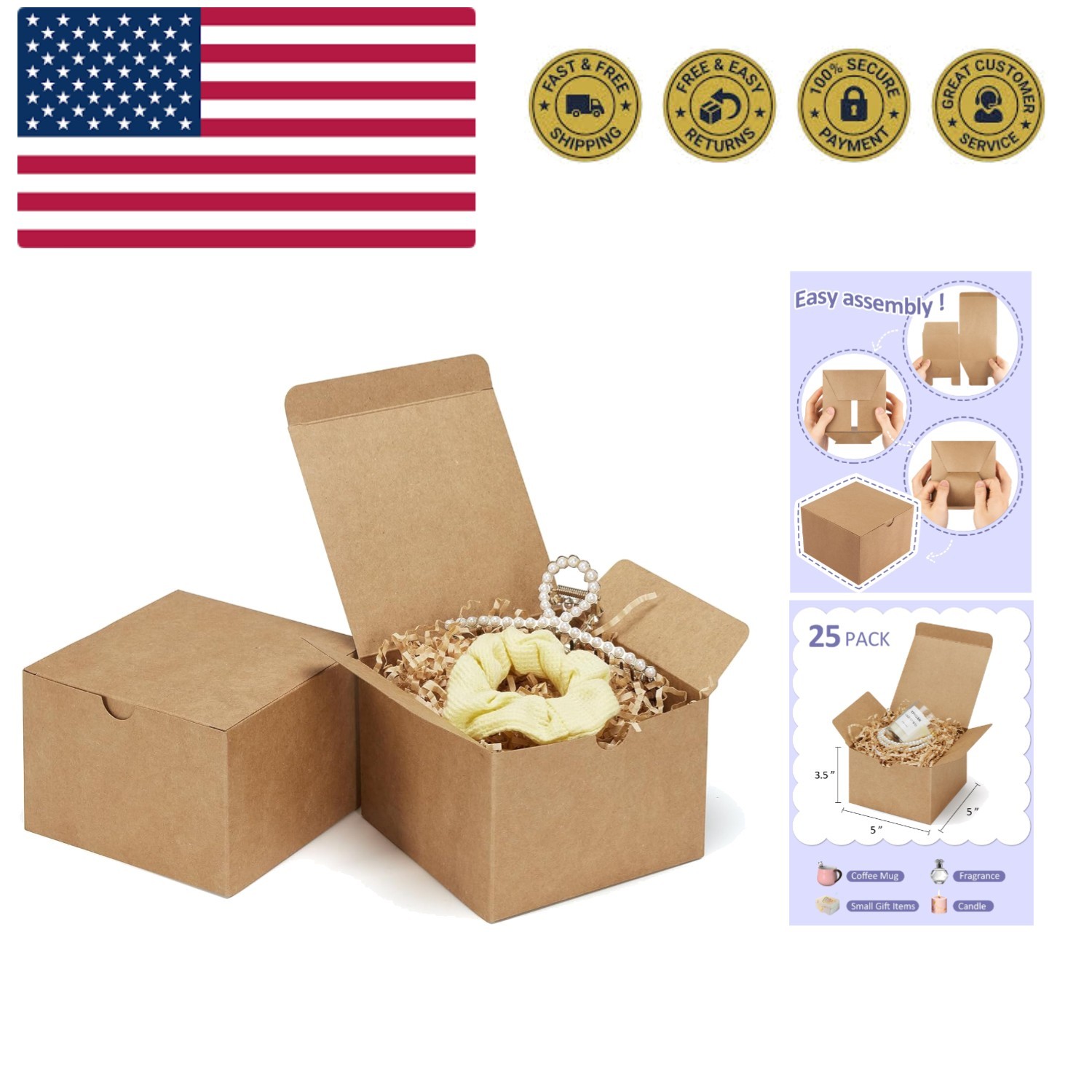 Es 5x5x3.5 25 Pack Kraft Paper Gift Boxes With Lids For Gift