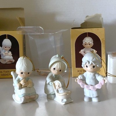 Precious Moments Ornament Granma & Cat Mom & Baby Stroller Touched Hearts Set 3