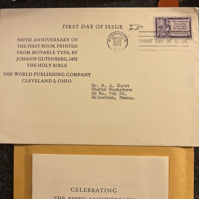 1952 The Bible 500th Anniversary FDC 1st Day Cancel with Insert.