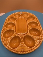 Vintage Enesco Deviled Egg Platter With Basket Weave Pattern With Brown Trim