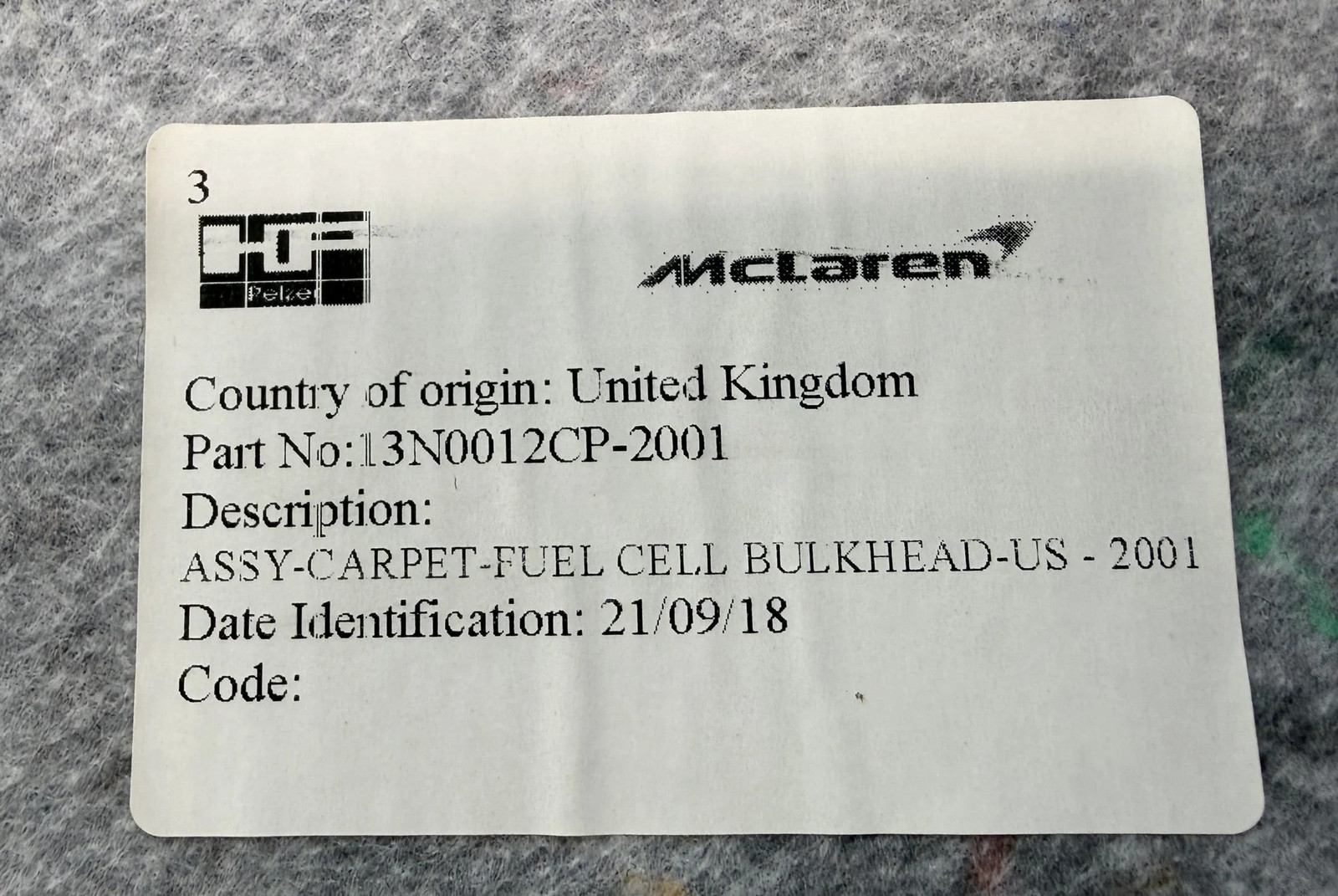 McLaren 540C 2016-2021 Rear Bulkhead panel P/N 13N0012CP