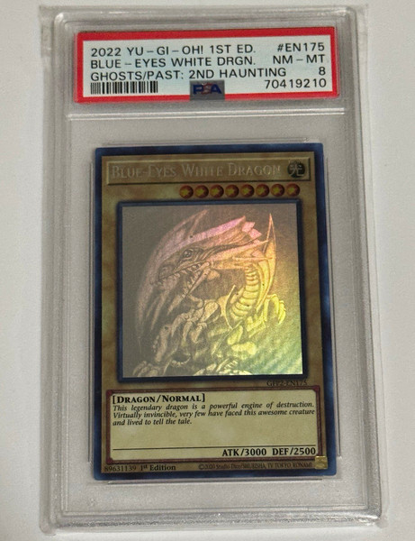 Konami 2022 Yu-Gi-Oh Blue-Eyes White Dragon Ghost Rare 1st Ed GFP2-EN175 PSA 8