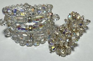 Vendome RS Topped Crystal Earrings, GP Leaves & Unsigned Crystal Wrap Bracelet