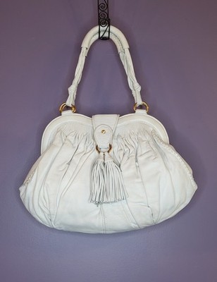 Classic White Leather Whipstitch Purse Bag Handbag Tassel Pleated Fashion Woman