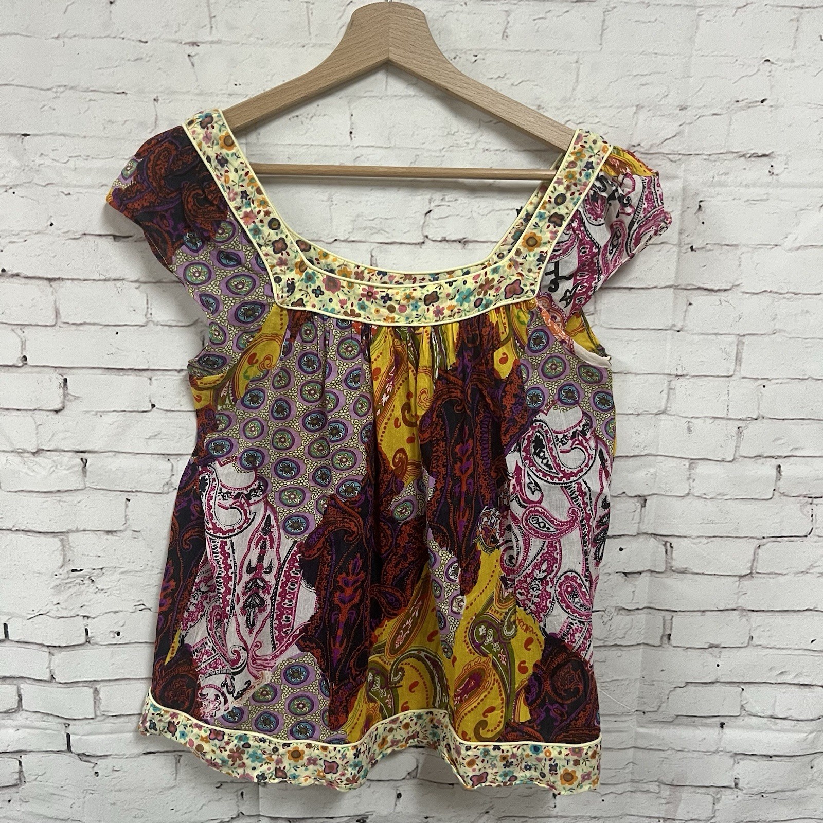 Boho Patchwork Cap Sleeve Top Multicolor Natural … - image 1