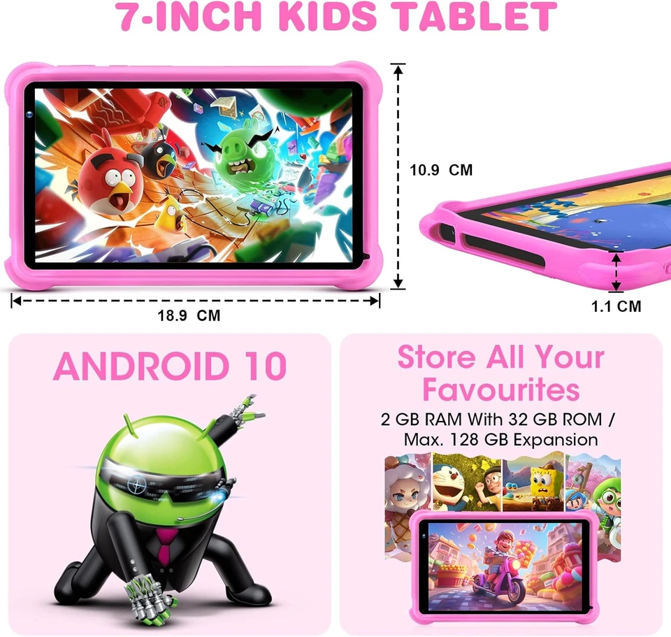 Tablet Bambini 7 Pollici Android 10 Kids Tablets 2 GB+32 GB Doppia Fotocamera Ap - Immagine 2 di 4