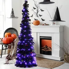 5FT Halloween Artificial Black Tree with 100 Lights for Christmas and Holiday
