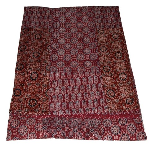 Indian Red Ajrakh Print Kantha Quilt Blanket Cotton King Bedspread Gudari Throw - Picture 3 of 4