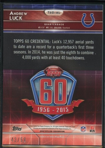 2015 Topps Chrome FB SET BREAK #AL Andrew Luck 60th Anniversary Pulsar #/50 - Picture 2 of 2