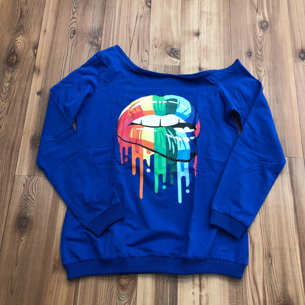 MagicMK Blue Graphic Rainbow Lips Off The Shoulder Sleeve T Shirt Women s Size S