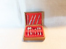 Vintage miniature dollhouse silverware set in a flatware cutlery box, 1:12 scale