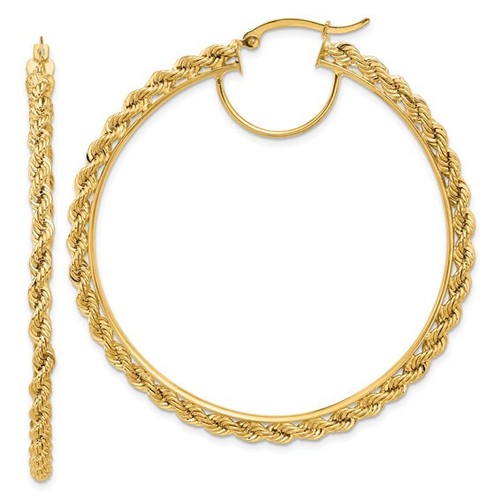 14k Yellow Gold Polished and D/C Rope 2.95mm Hoop Earrings - Picture 2 of 2