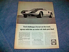 1964 Shell Gasoline Vintage Ad With Ford GT "Ford Challenges Ferrari on Track"