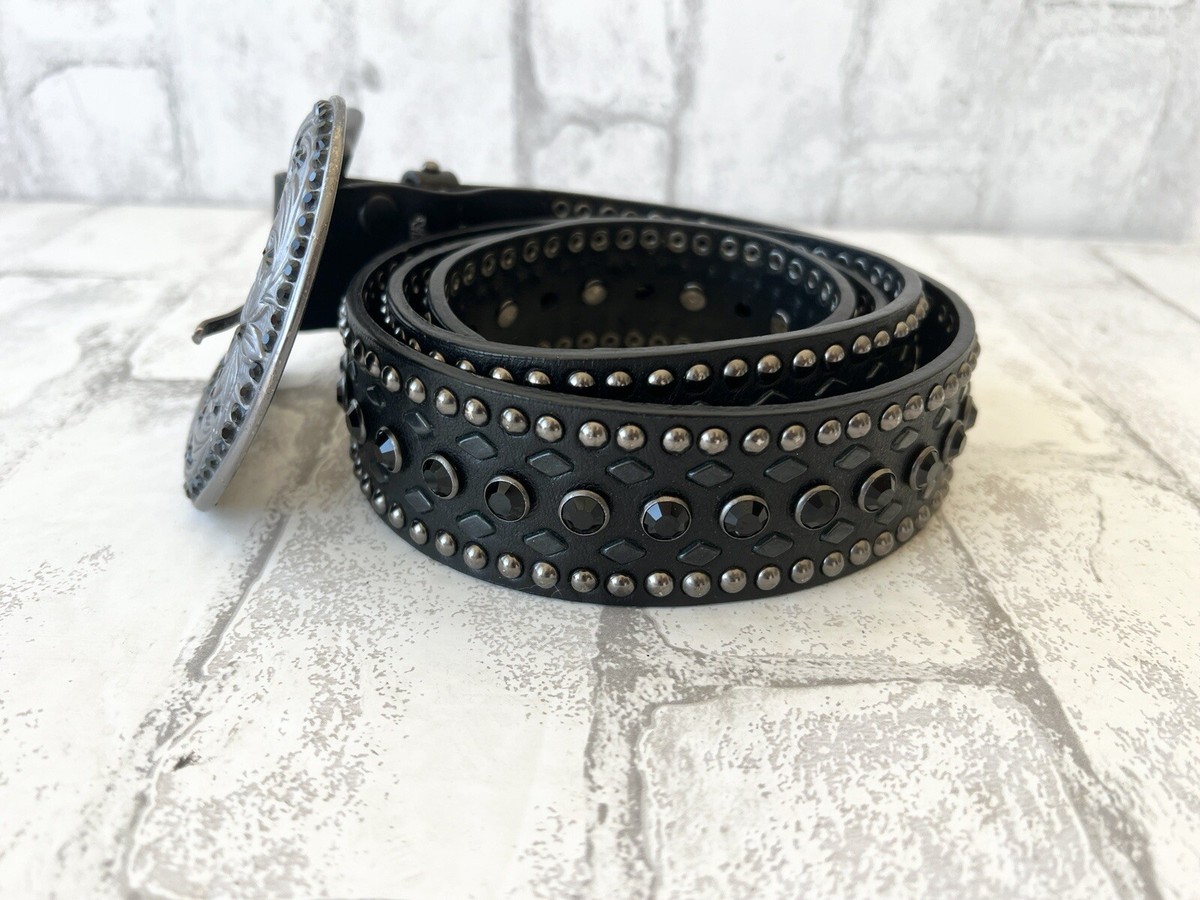 Nocona Western Belt Leather Rhinestones Bling Black Studded 