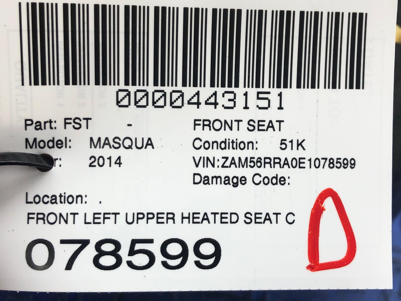 2014-2017 MASERATI QUATTROPORTE FRONT LEFT UPPER HEATED SEAT CUSHION BLACK OEM