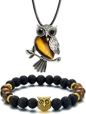 Owl Pendant Healing Lava Stone Crystal Necklaces & Bracelets for Women Men Reiki