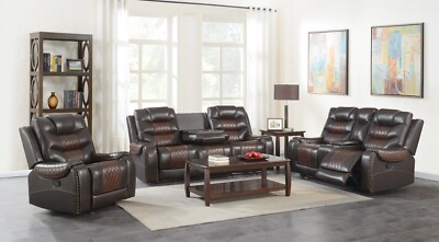 LUXURY Two-Tone 3PC Brown Sofa Loveseat Chair Leather 5-Recliner Living Room Set | eBay