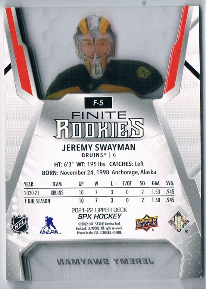 2021-22 SPX FINITE ROOKIES EMERALD JEREMY SWAYMAN 013/199 BOSTON BRUINS #F-5 - Image 2 of 2