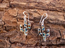 Saguaro Cactus Tiger's Eye and Opal Southwestern Sterling Silver 925 Earrings