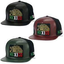 MEXICO Hat Faux Leather Golden Eagle Embroidered Snapback Flat Bill Baseball Cap