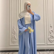 Women Muslim Open Kaftan Long Pants Two Piece Set Evening Kimono Modest Robe