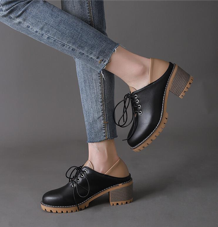 Women's Retro Sweet Splicing 6cm Chunky Heel Shoes Round Toe