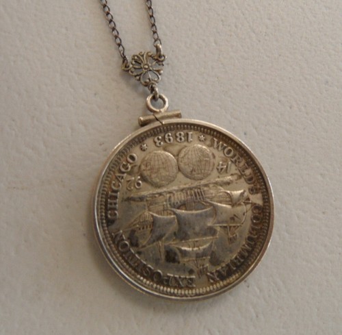 Antique 1893 Chicago Worlds Columbian Expo 90 % Silver Half Dollar Coin Necklace - Picture 7 of 8