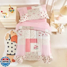 Joyreap 4 Piece Cotton Toddler Bedding Set- Pink Flower Plaids Patchwork Desi