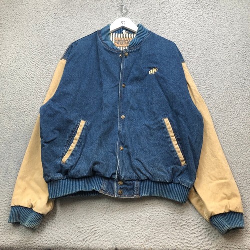 Vintage Turning Point Denim Bomber Varsity Jacket Mens XL Snap Pocket Blue Brown