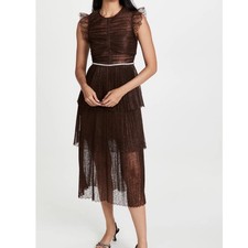 Self-Portrait Brown Lace Tiered Midi Dress Ruched Ruffle Sleeveless US 4