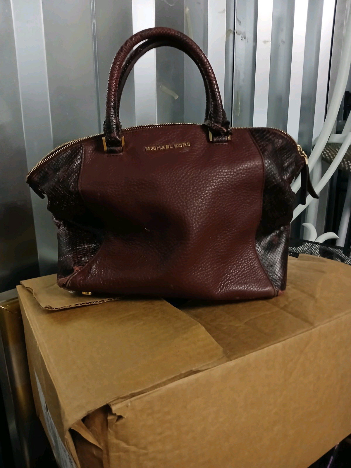 Michael Kors Riley Medium Satchel in Python Burgundy Black Leather