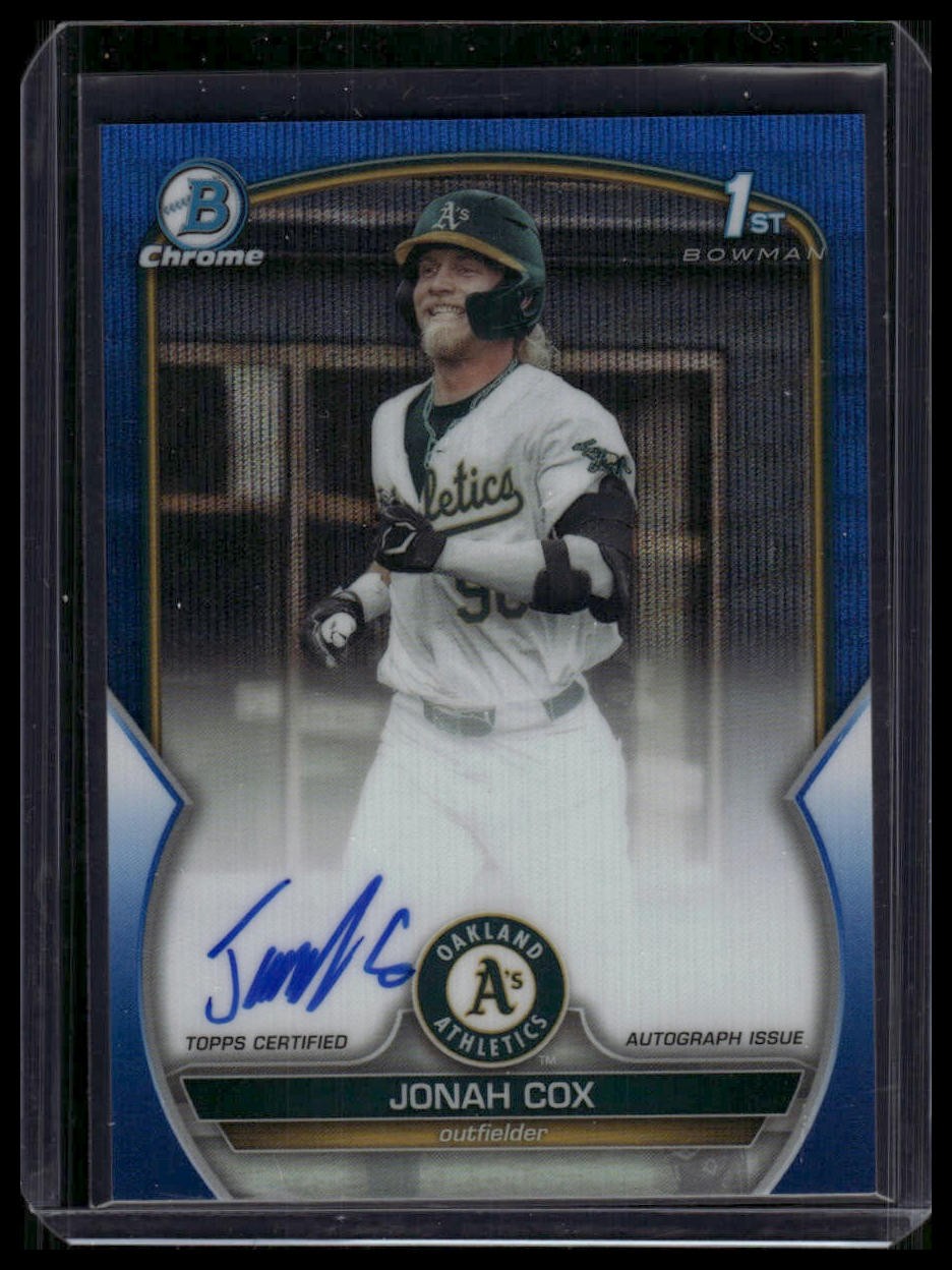 Jonah Cox #/150 🟡 2023 Bowman Draft #CDA-JCO Chrome Pros Auto Blue Wave Ref