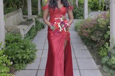 Windsor Red Satin Beaded V-Neck Sleeveless Long Gown Dress Size 4