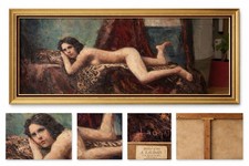 Grande quadro antico nudo con pantera firmato R. Laudati olio su tela 110x80 cm