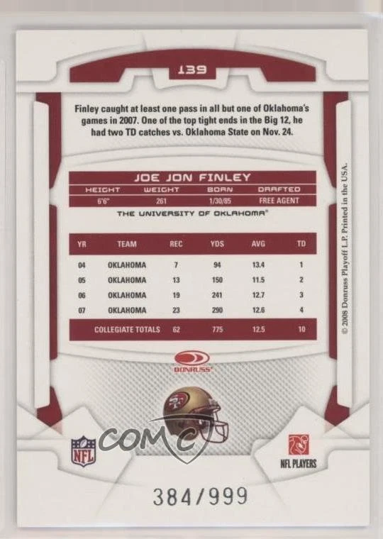 2008 Leaf Rookies & Stars Longevity Rookie /999 Joe Jon Finley #139 RC - Image 2 of 2