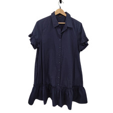 Quince Women 100% Organic Cotton Poplin Short Sleeve Maxi Shirt Dress Navy L