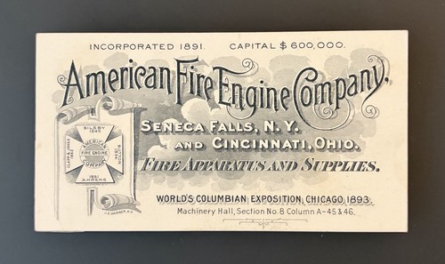 American Fire Engine Company Business Trade Card, Seneca Falls, NY 1893