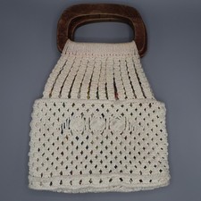 Vintage Macrame Handbag Wood Handles Cream Patchwork Lining Boho Retro Cottage