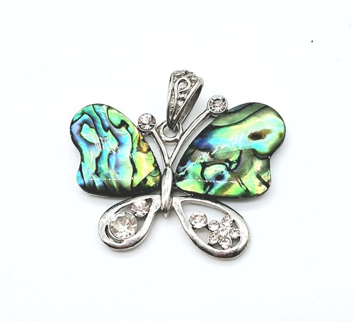 Silvertone Abalone Butterfly Necklace Pendant Rhinestone Accents