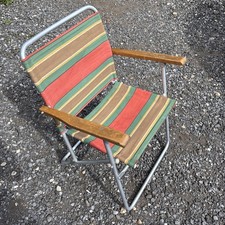 Vintage Folding Striped Deck Chair With Wood Handles